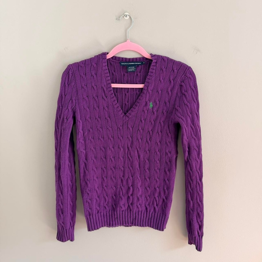 PURPLE RALPH LAUREN SPORT V-NECK CABLE KNIT SWEATER
